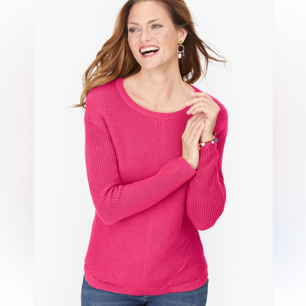NWT Talbots Shaker Stitch Pink Crew Neck Pima Cotton Sweater Size Medium